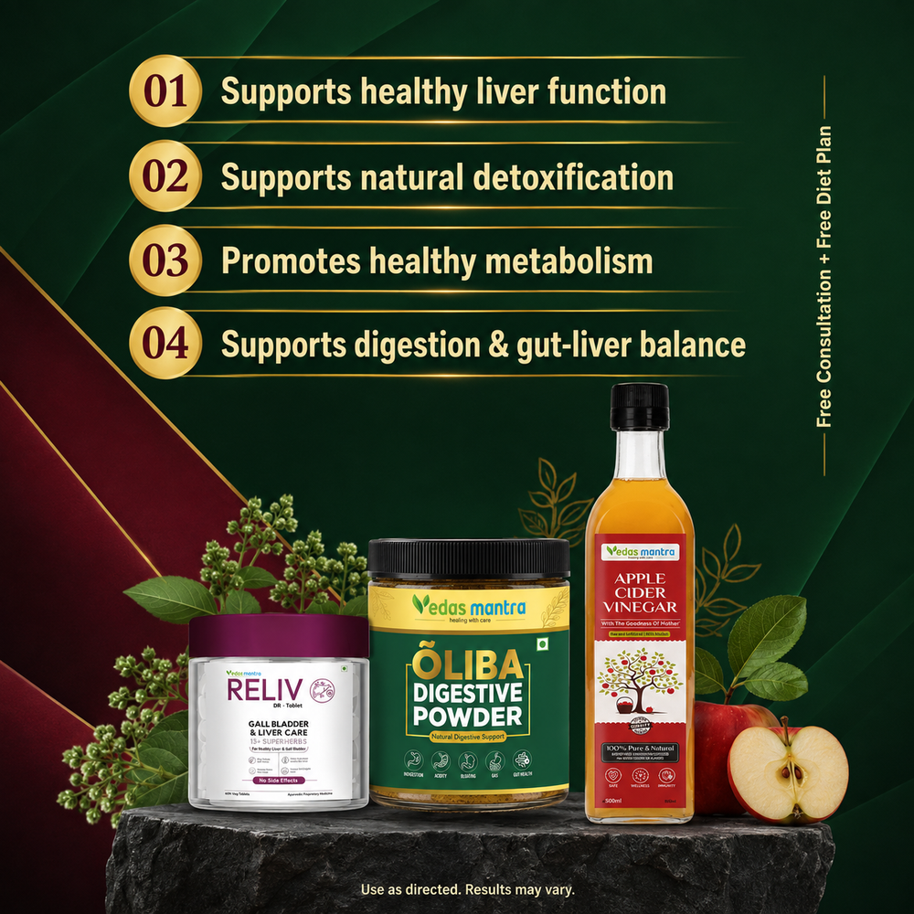 Vedas Fatty Liver Ayurvedic Treatment Kit Reliv+Apple cider vinegar+oliba (Free Consultation + Free diet Plan)