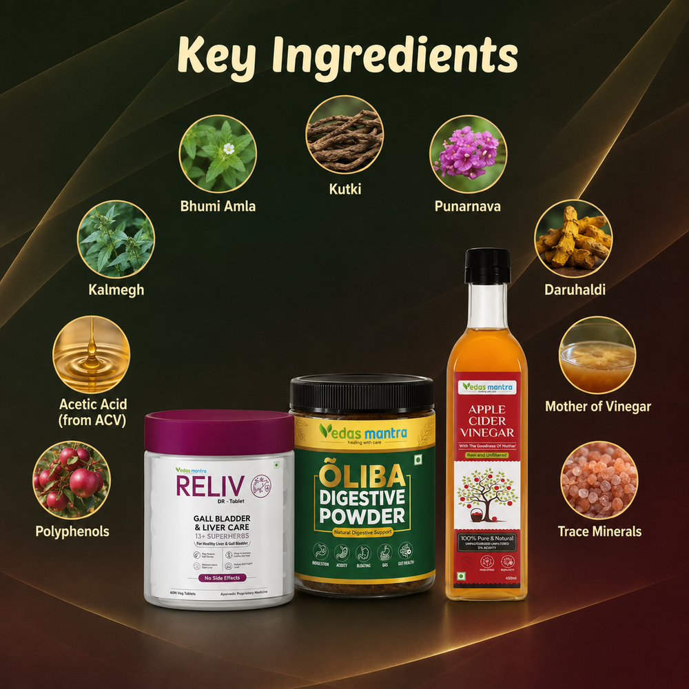 Vedas Fatty Liver Ayurvedic Treatment Kit Reliv+Apple cider vinegar+oliba (Free Consultation + Free diet Plan)