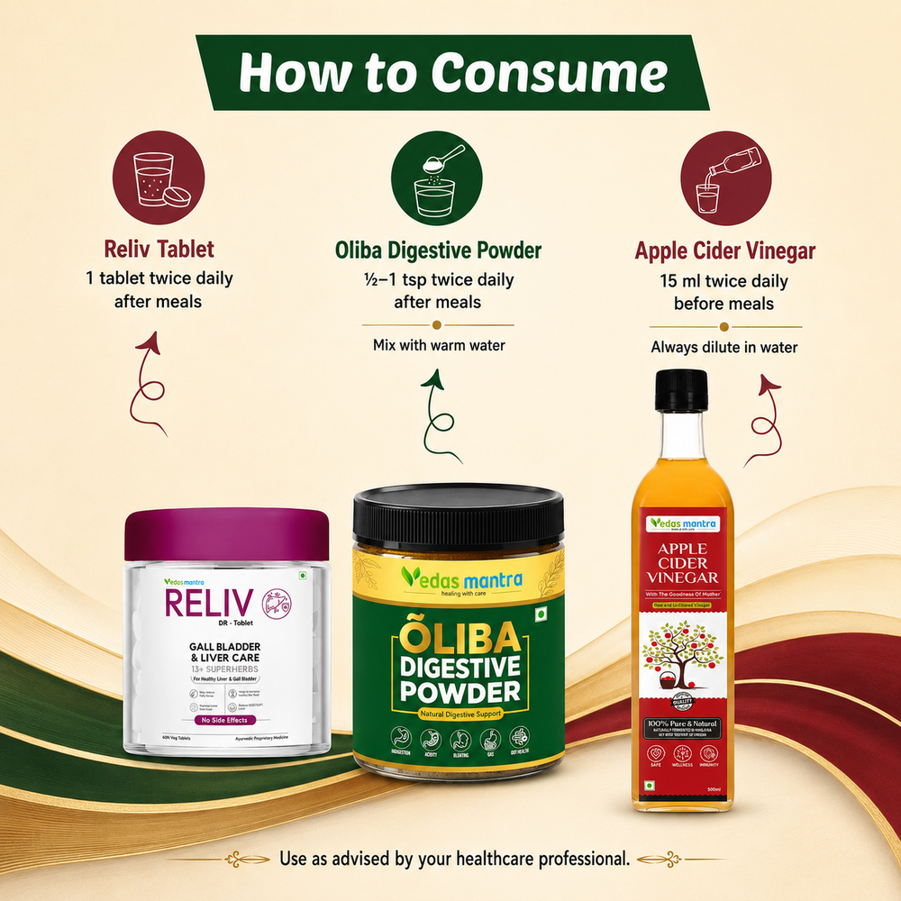 Vedas Fatty Liver Ayurvedic Treatment Kit Reliv+Apple cider vinegar+oliba (Free Consultation + Free diet Plan)