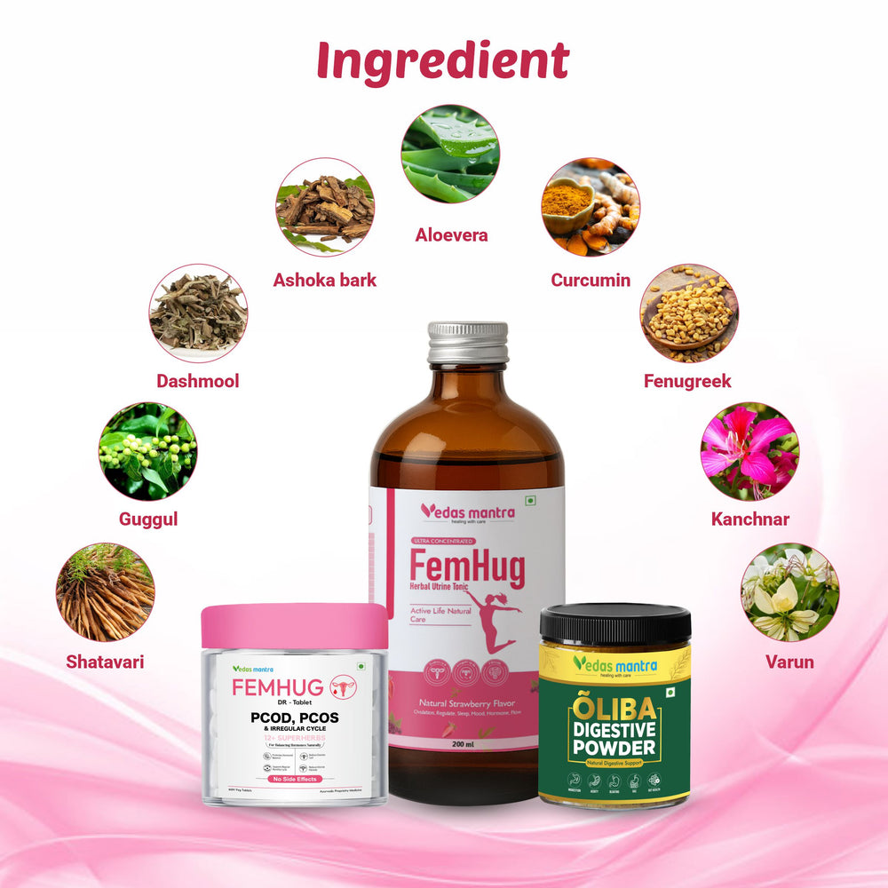 Femhug Female Wellness Kit for PCOD/PCOS Femhug tab+ Syrup+Oliba